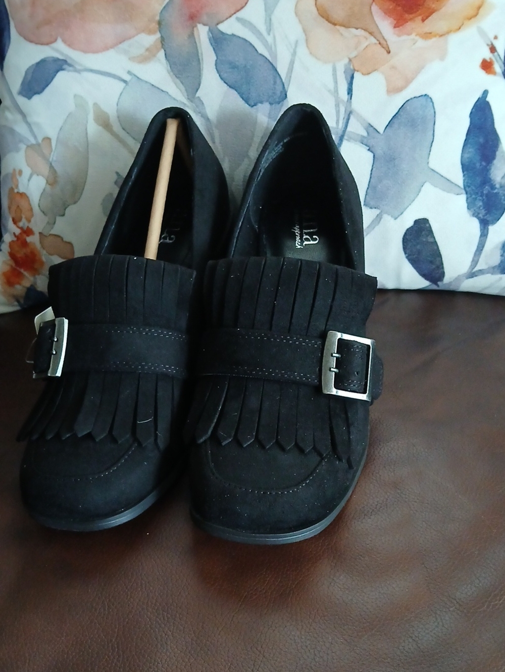 A.N.A. Women’s Black Suede Fringe Loafers with Buckle
